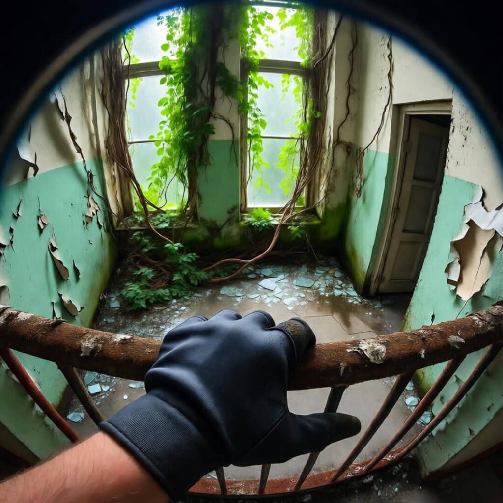 Gloved hand grips rusted railing, vines choke ward.