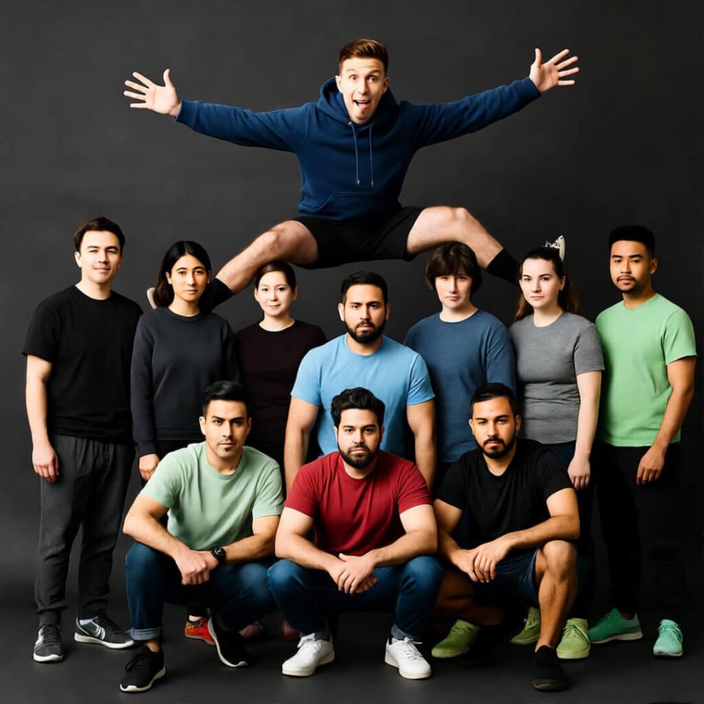 Crew pose cool, me flailing back.