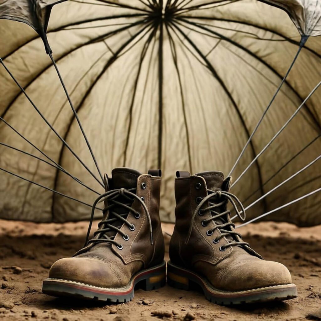 Skydiver’s boots land with sagging parachute.
