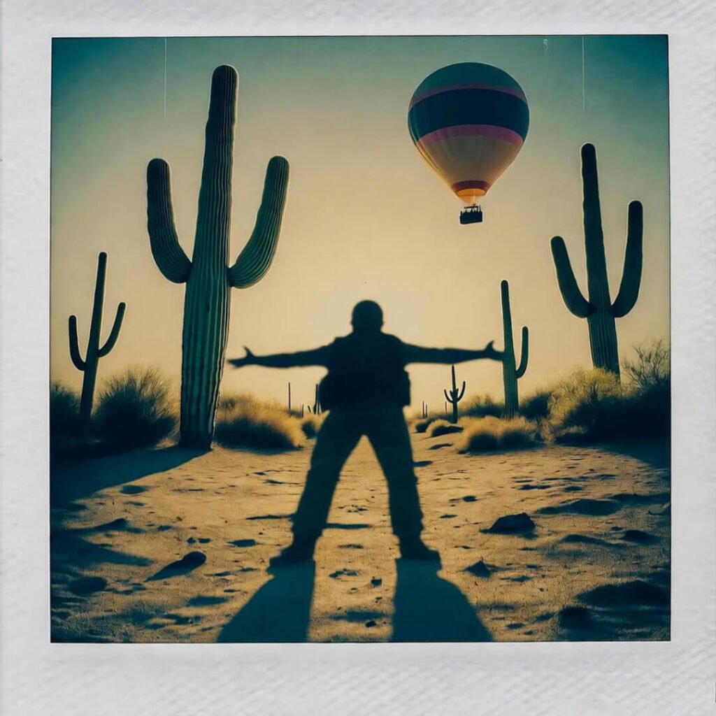Dawn skydiving adventure in the Arizona desert, shadow play, and balloon blunder.