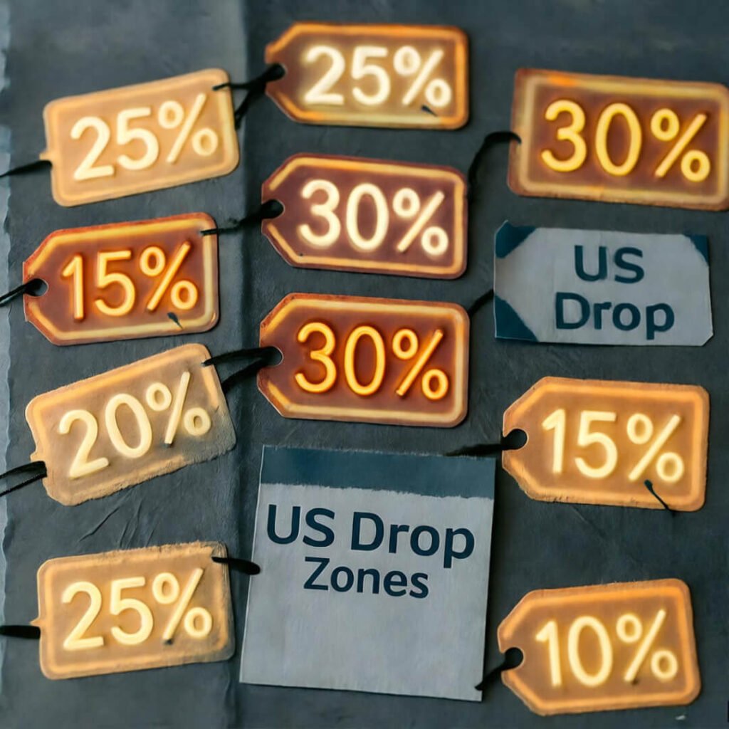 Scrapbook of US drop zones, neon discounts.