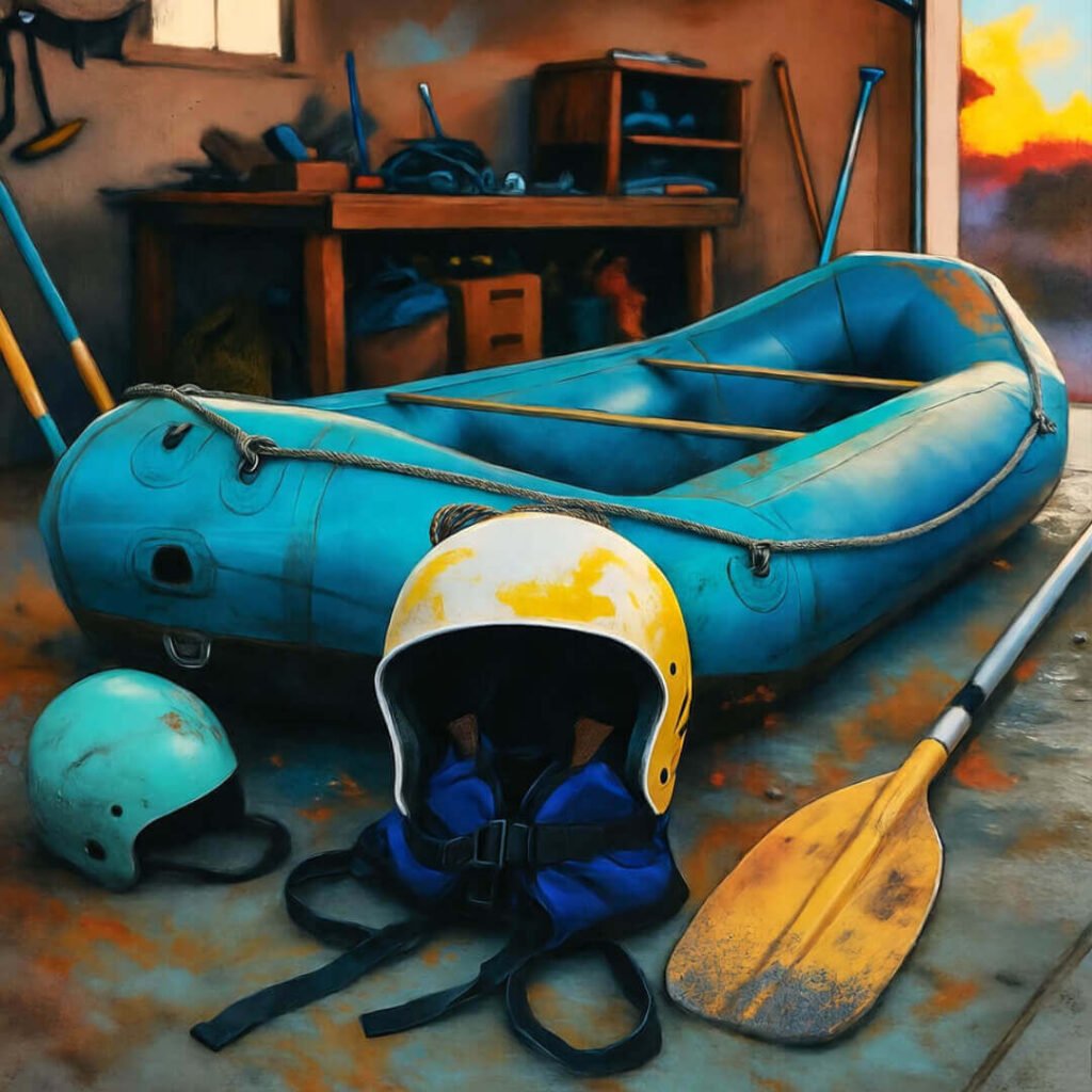 Grungy whitewater rafting gear pile, just like my post-trip chaos.