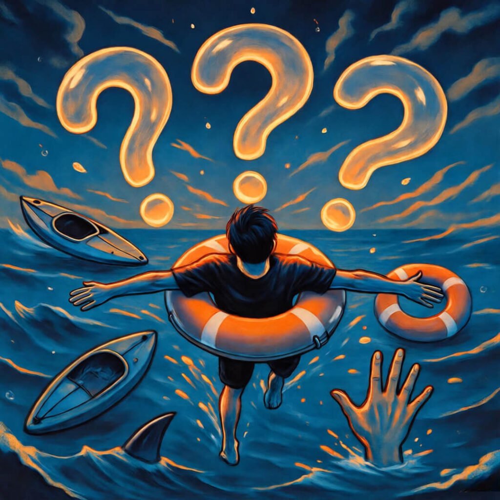 Flailing figure, flipped kayak, shark high-five, stormy sea.