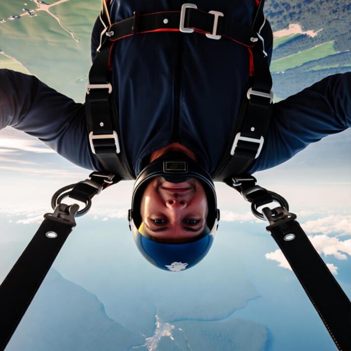 Chaotic skydiving fall, gear straps tight, helmet fogged. Chaotic skydiving fall, gear straps tight, helmet fogged.