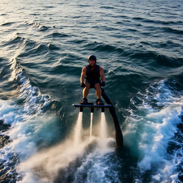 Flyboarder soaring over a chaotic, hot flyboarding destination, my heart-in-throat moment. Flyboarder soaring over a chaotic, hot flyboarding destination, my heart-in-throat moment.