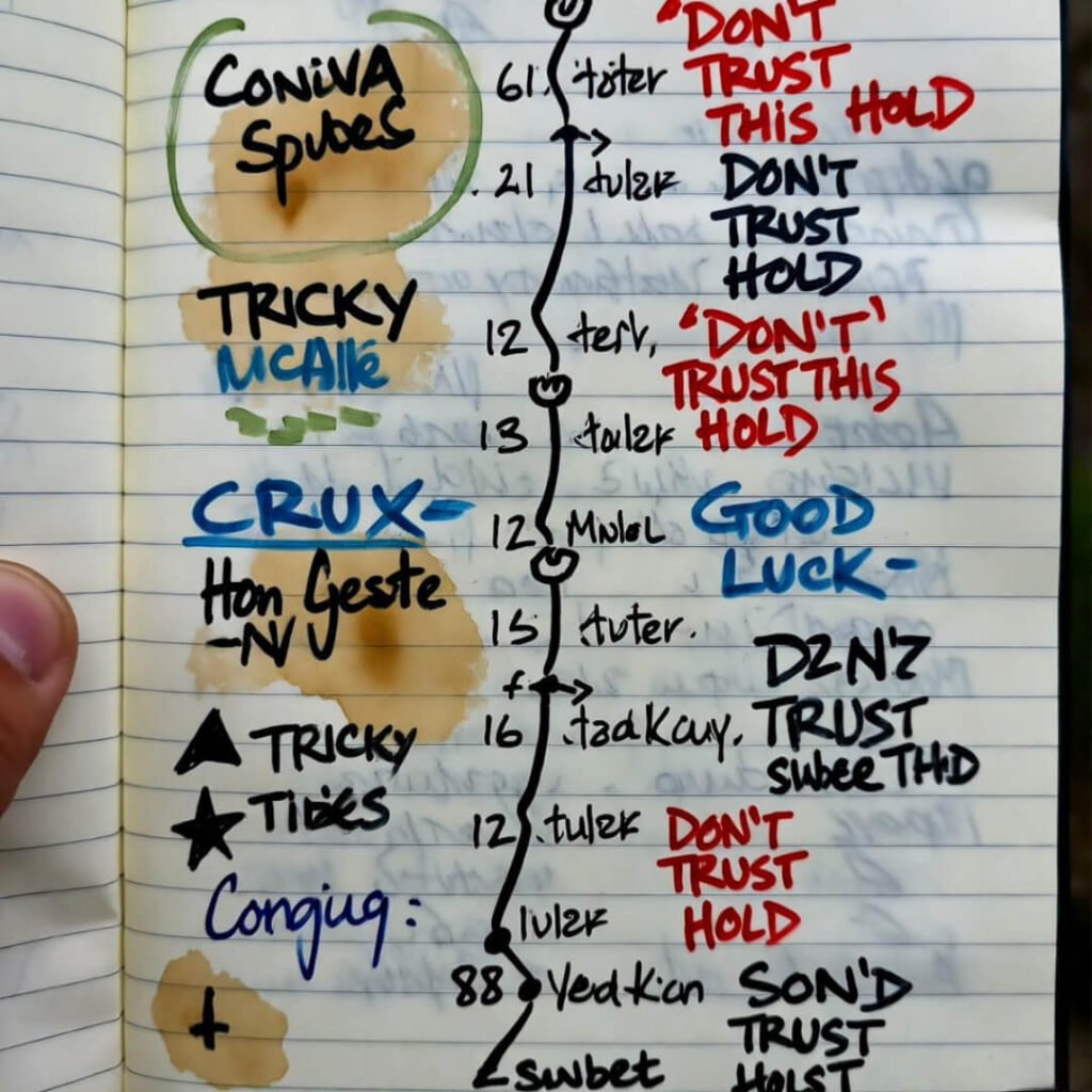 Coffee-stained topo with panic notes.