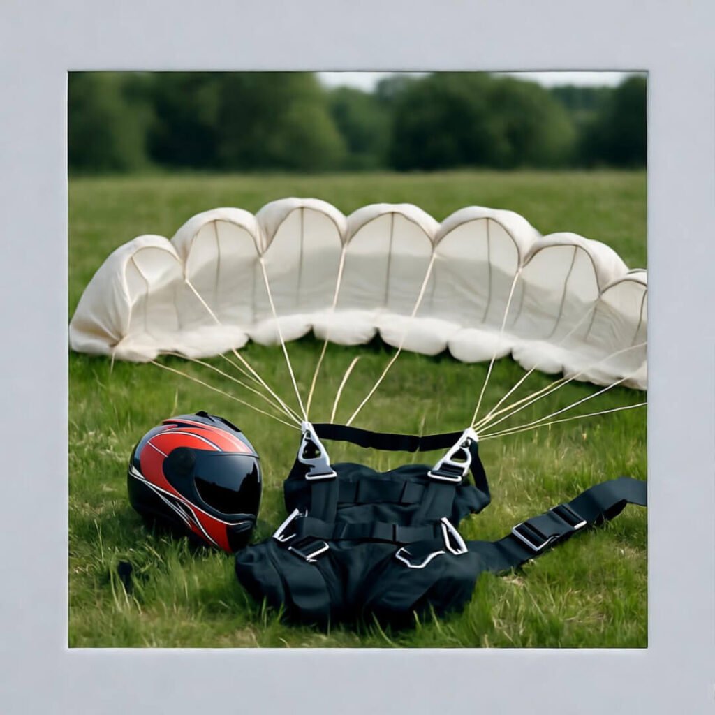 Scattered gear mess after rough landing, parachute huge.