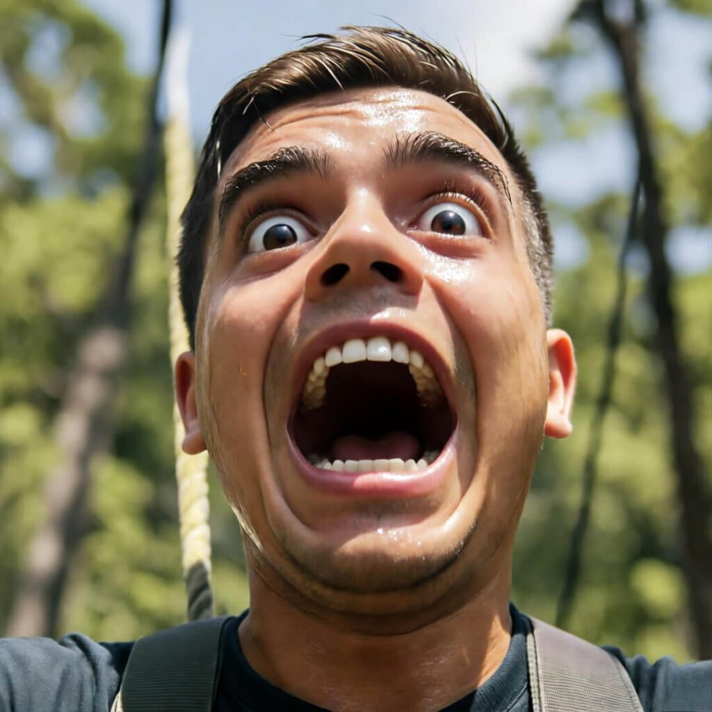 Wide-eyed panic selfie mid-whip.