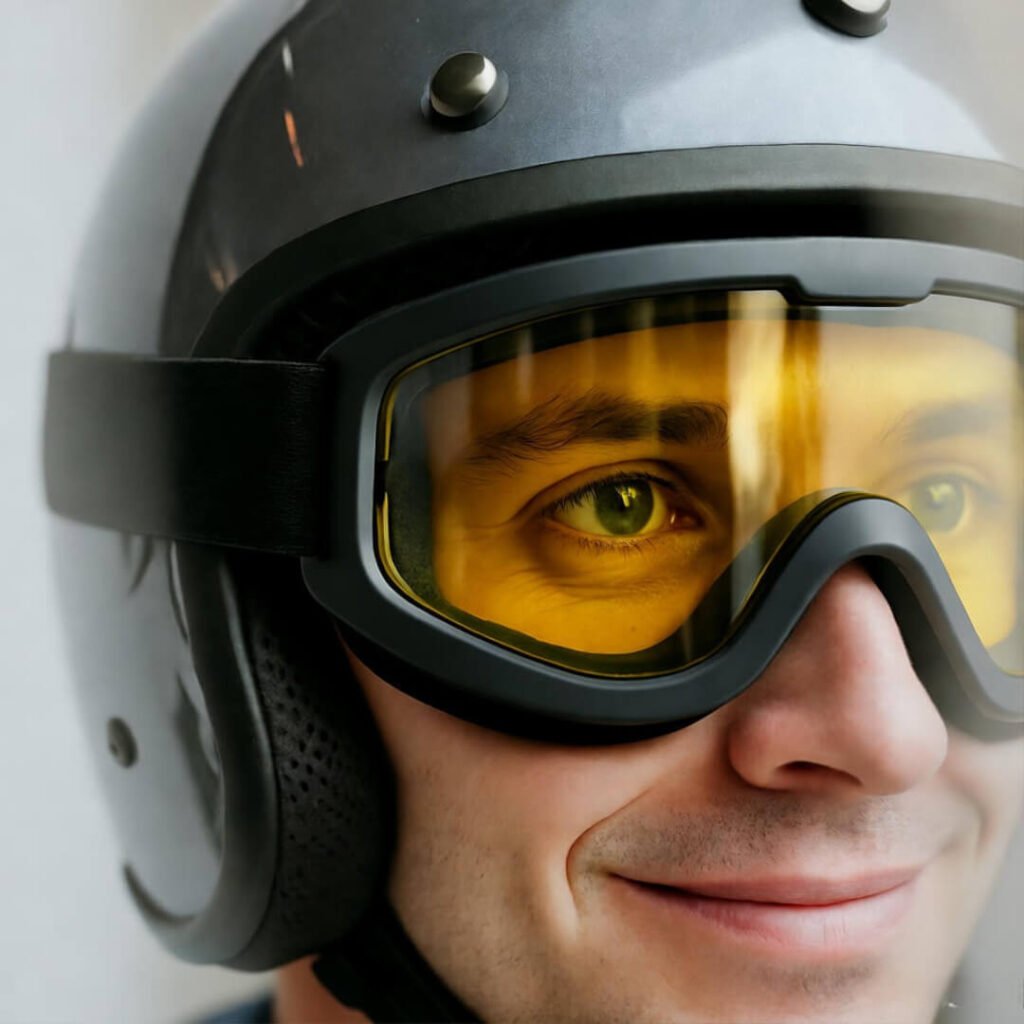 Nervous grin adjusting helmet, goggles mid-flight prep.