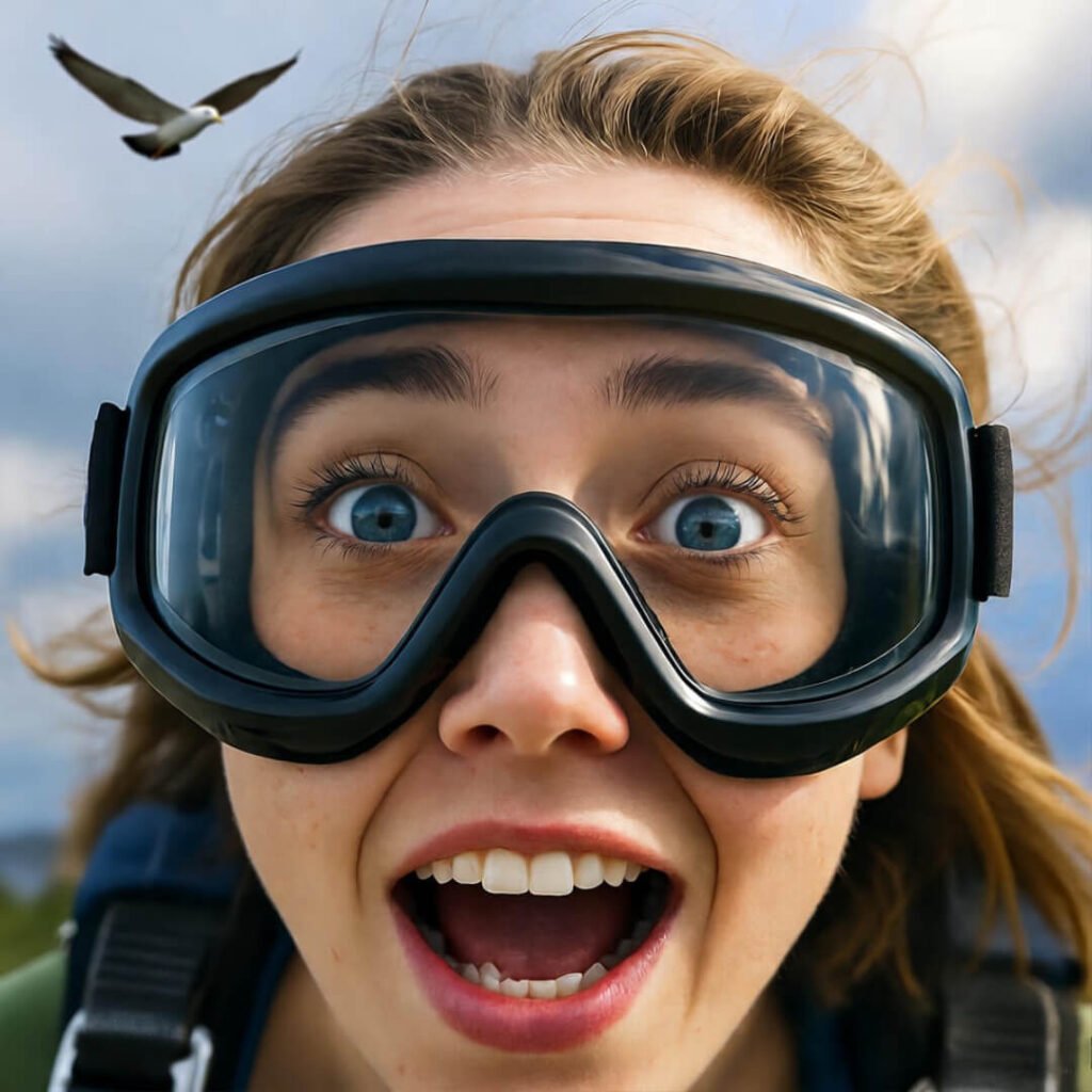 My freaked-out face during tandem freefall—proof you survive the chaos at a good center.