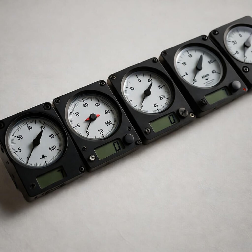 Off-kilter view of altimeters, AADs on table