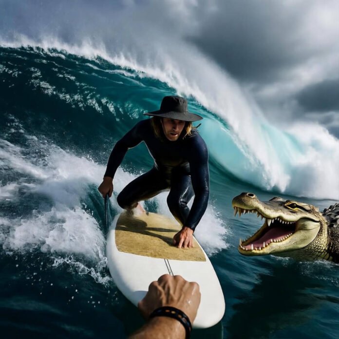 My chaotic flip in an extreme paddleboarding adventure, alligator wave grinning back. My chaotic flip in an extreme paddleboarding adventure, alligator wave grinning back.