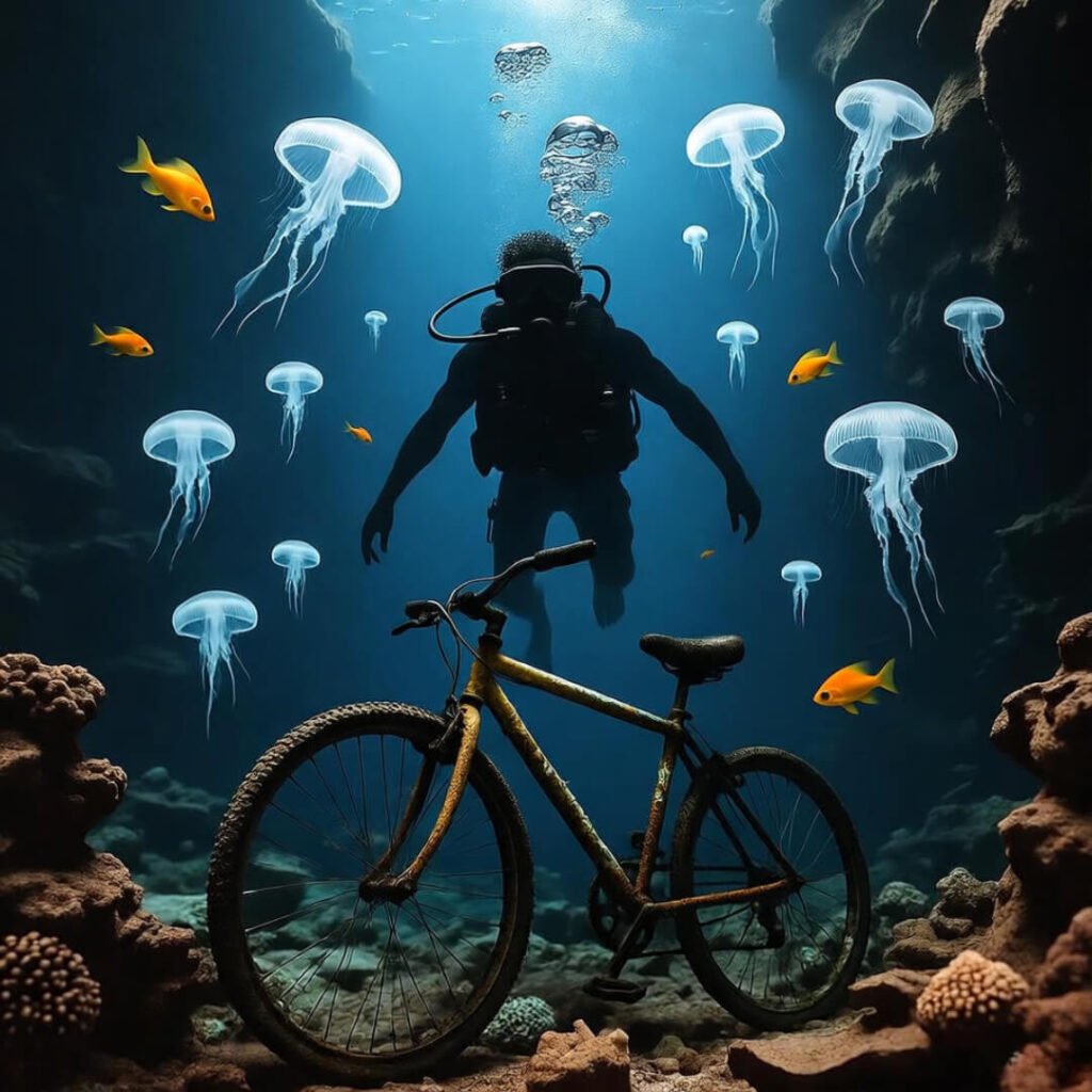 Thrilling dread in a US scuba diving expedition, bubbles heartening the fear.