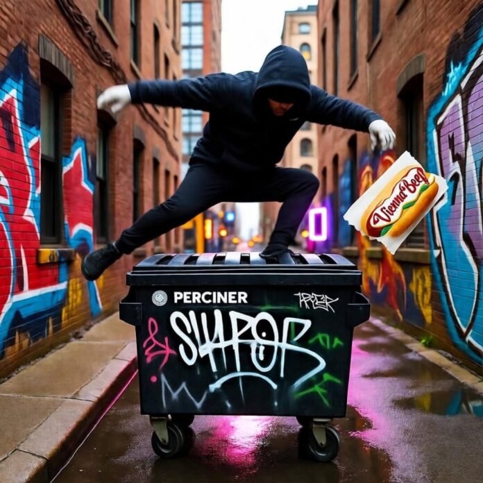 Parkour vault over graffiti dumpster in rain.