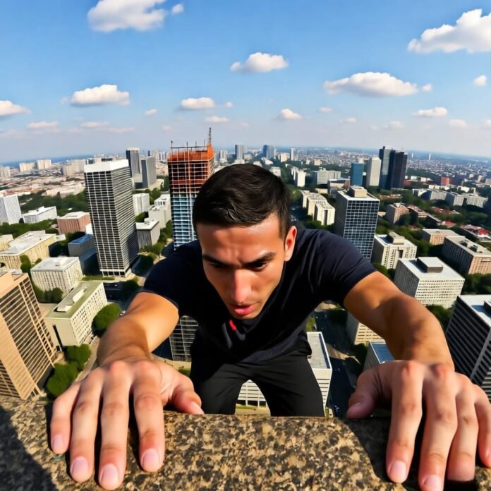 Sweaty grip on rooftop ledge, vertigo city.