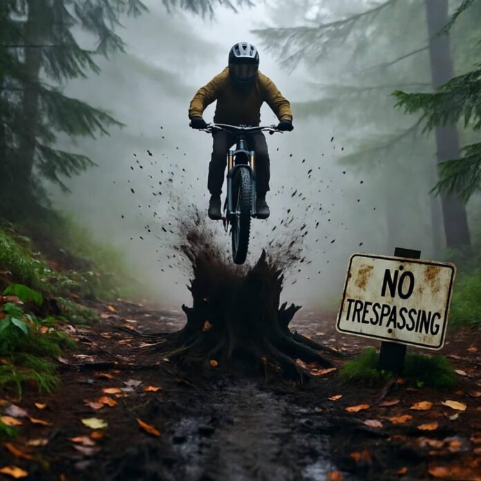 Mid-air jump over roots, no trespassing.