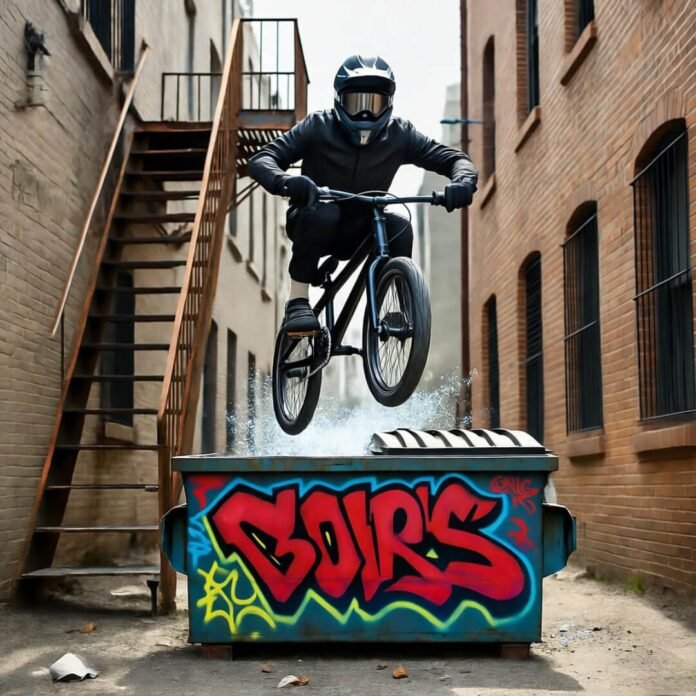 Bike jump over glass to graffiti dumpster.