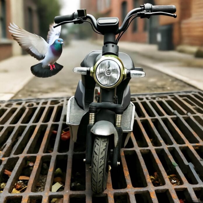Scooter mid-air over NYC grate, pigeon photobomb.