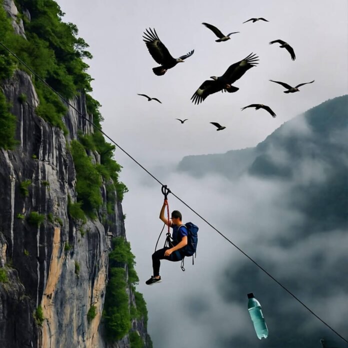 Zip-liner evades birds, drops bottle.