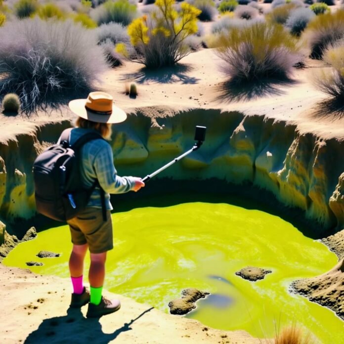 Hiker selfies over neon-green sinkhole.