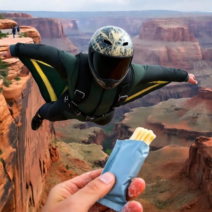 Wingsuit dive with floating energy bar over canyons.