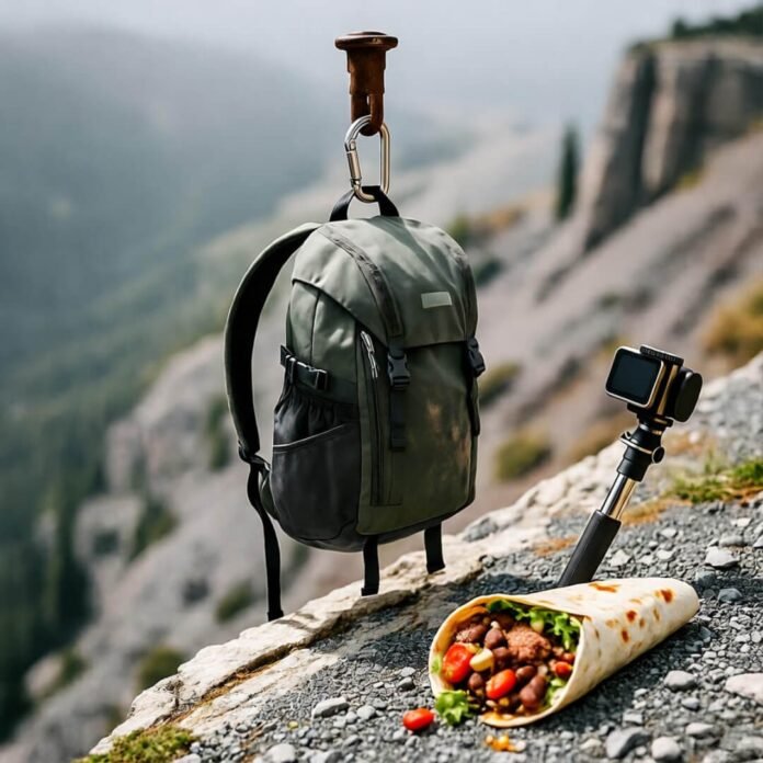 Backpack dangling from cliff with burrito below.