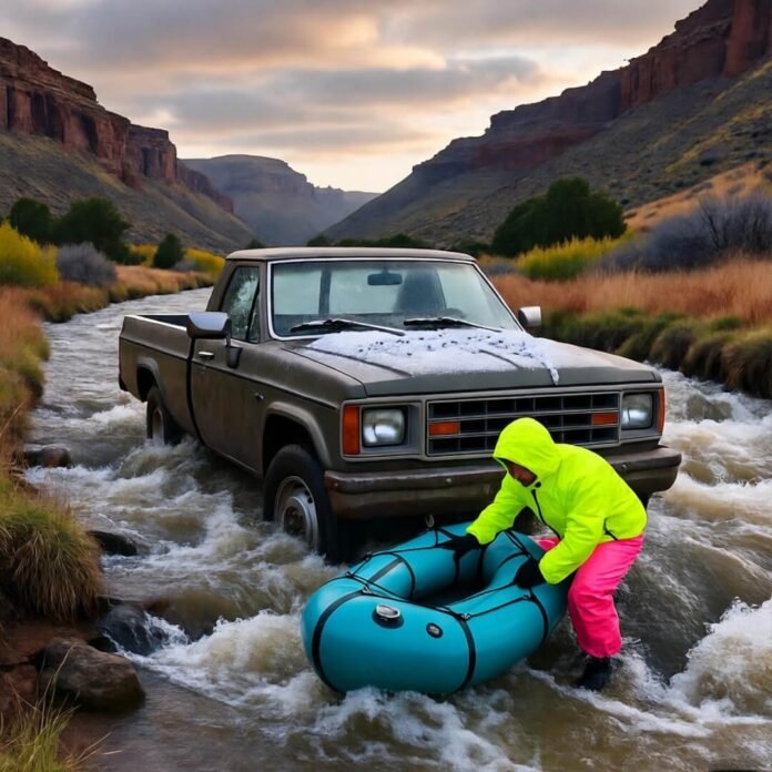 Truck stuck in creek, person with packraft.