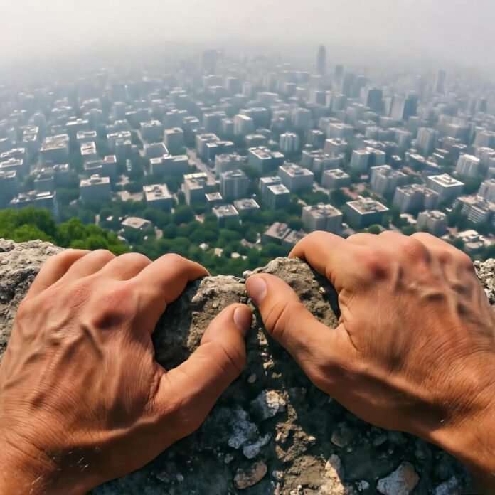 Blistered hands grip cliff over smoggy city.
