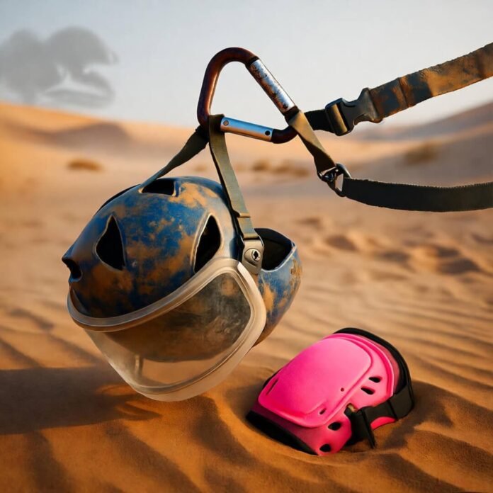 Battered helmet and neon pad in desert haze.