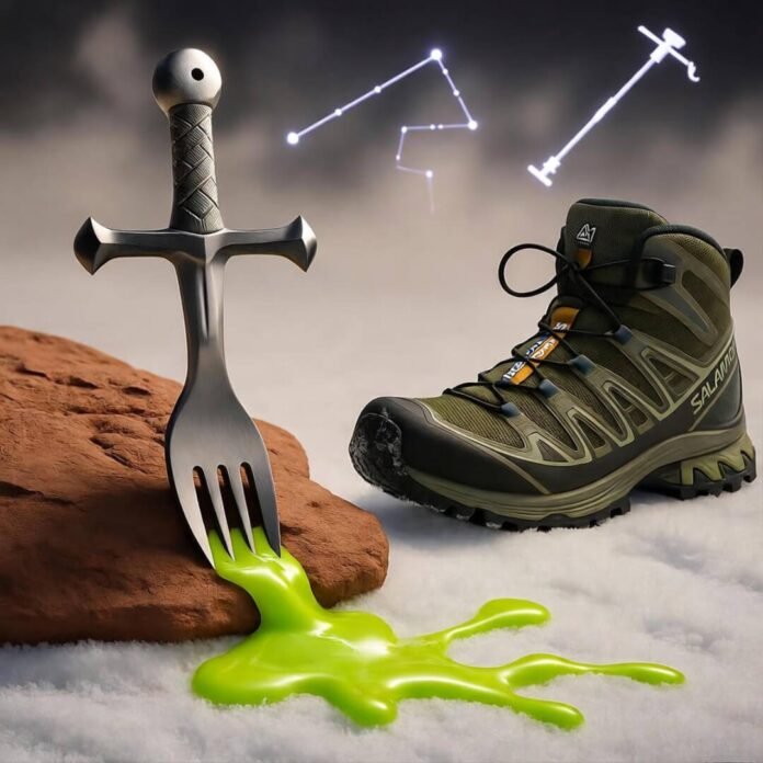 Spork in rock, gel on snow, boot untied.