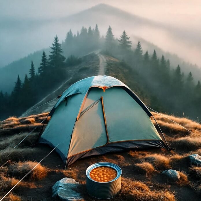 Frosty tent on ridge, spilled beans at dawn.