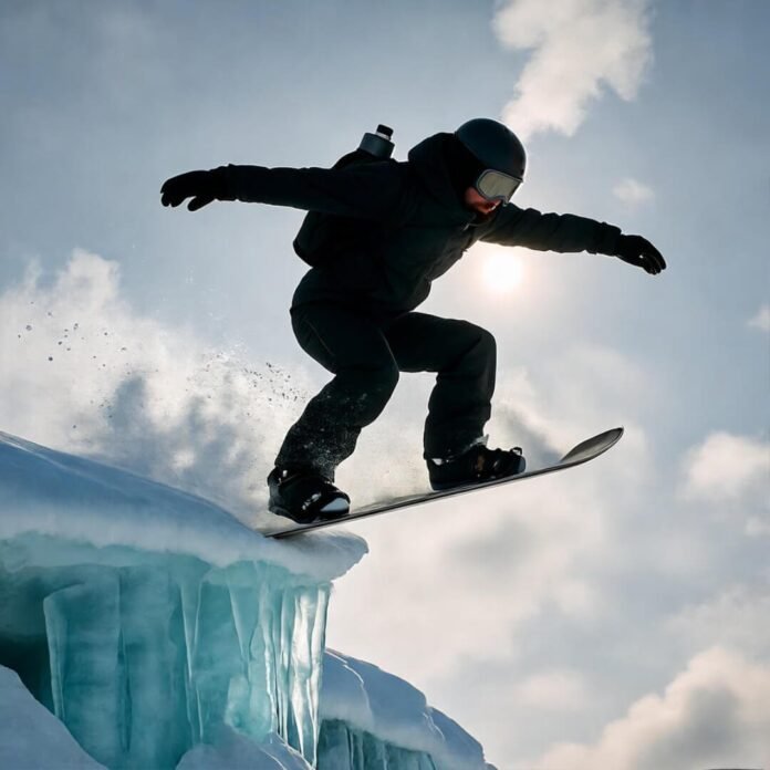 Snowboarder jumping jagged cornice, steam from thermos.
