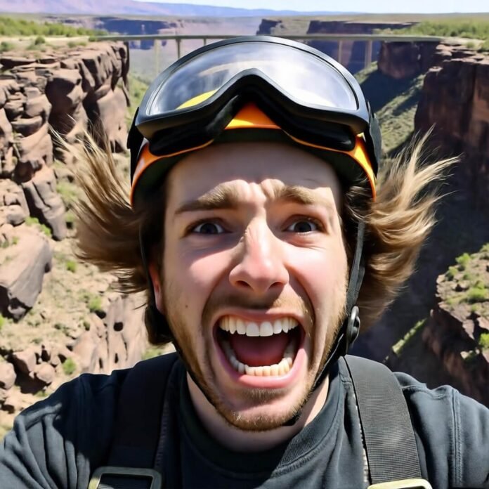 Terrified grin mid-bungee at Royal Gorge.