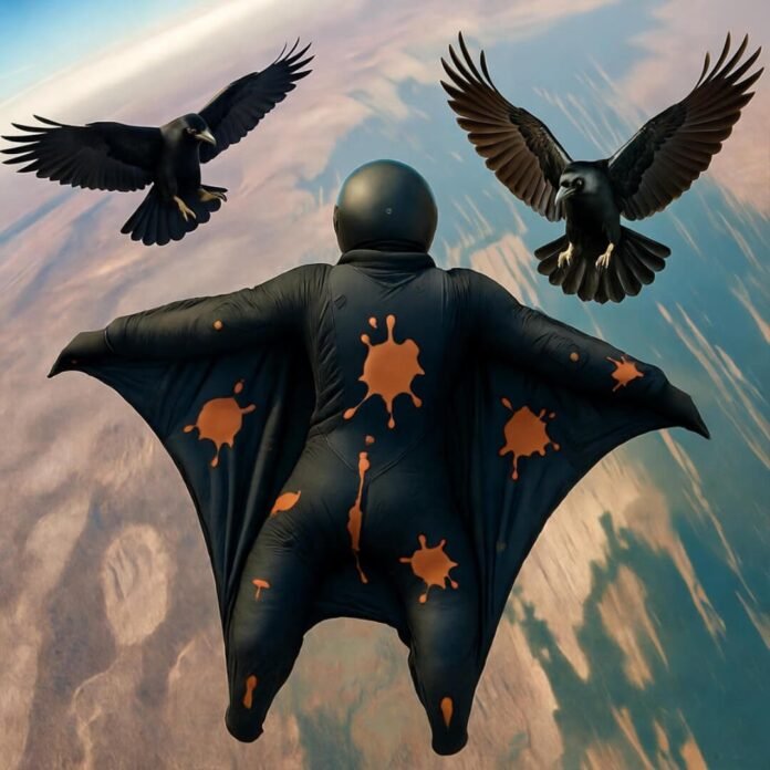 Wry wingsuit flying mastery moment with crows and coffee stains
