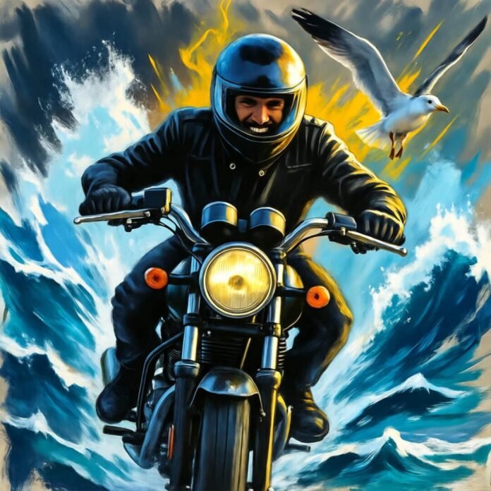 Wry water jetpack moment over indigo waves, electric yellows flashing.