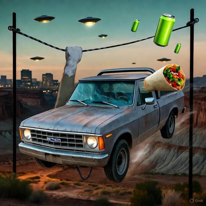 Truck jump with burrito chaos.