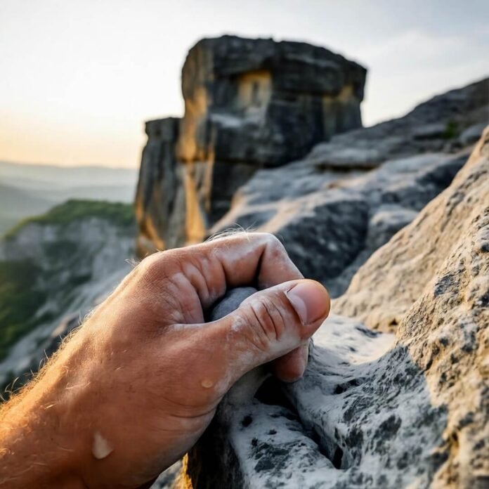Sweaty fingers on crumbling hold at dusk.