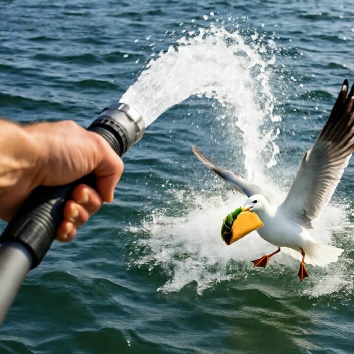 Beginner wakeboarder crashing hard with a taco-thieving seagull stealing the show.