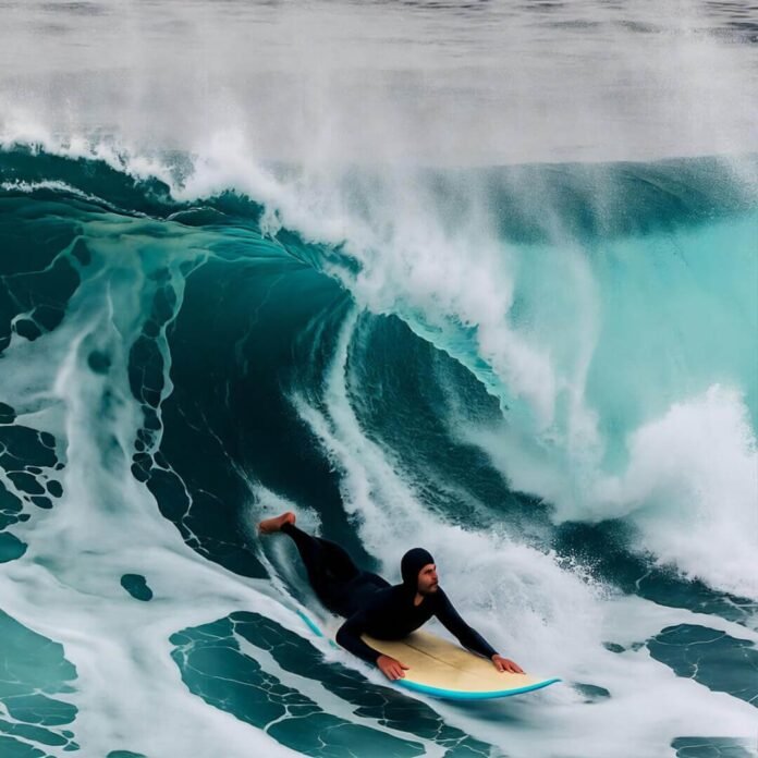 Epic extreme surfing spot with a wave swallowing a surfer in misty blues.